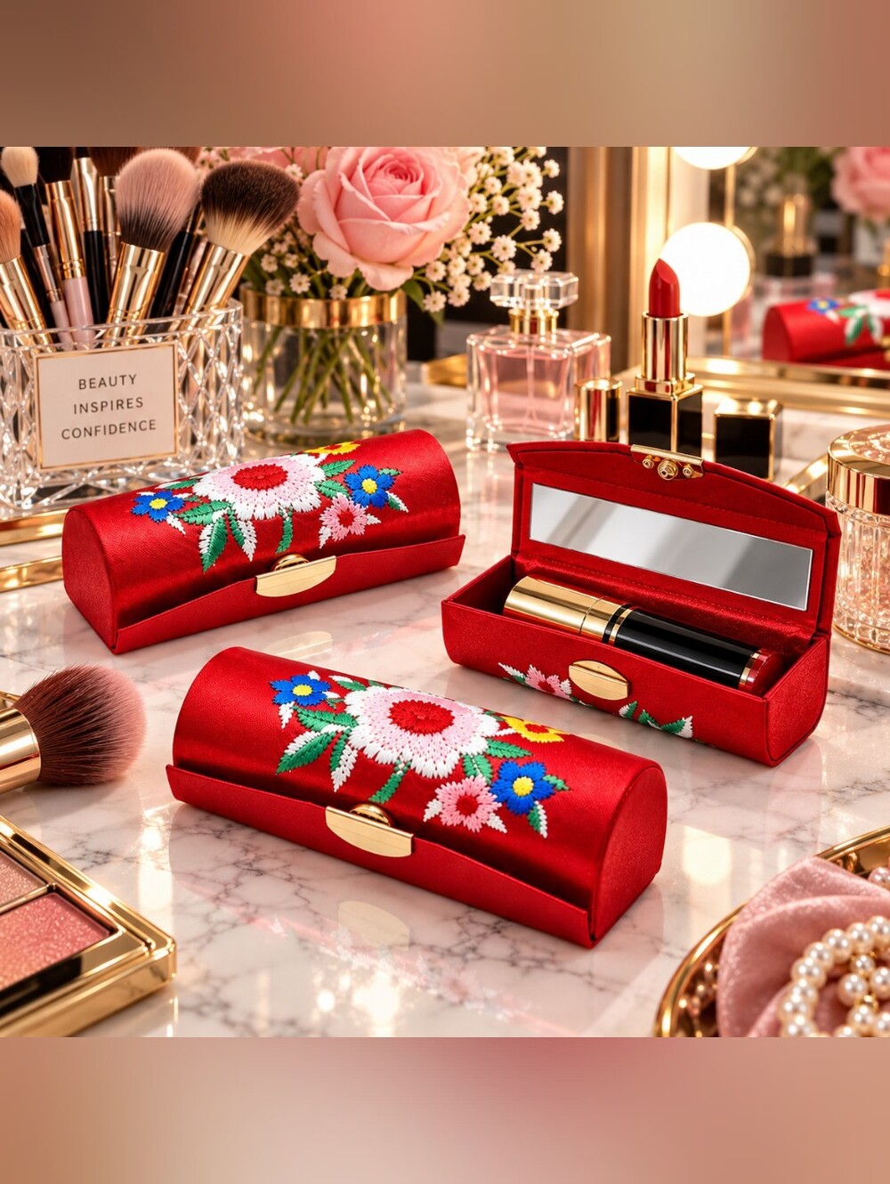 New 3pcs Vintage Insp Embroidered Silk Satin Lipstick Cases w Mirrors Red Asian